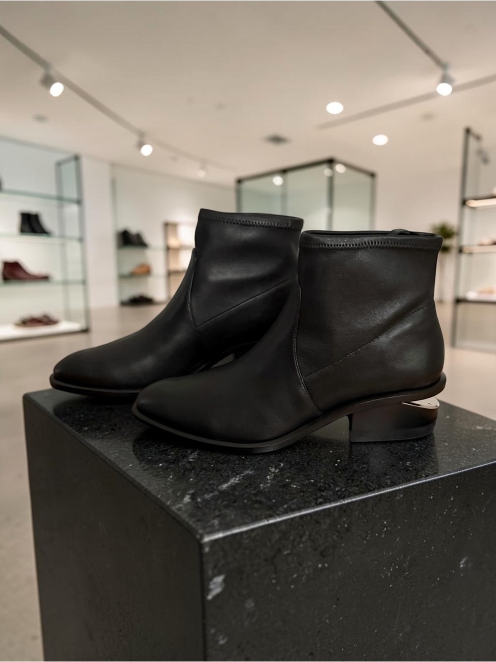 Alexander Wang Black Leather Kori Stretch Nappa Chrome Cut Ankle Booties Size 7
